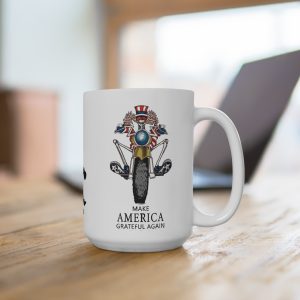 Make America Grateful Again Motorcycle Mug — 15oz Coffee Cup with 'Air Garcia' Rocker Silhouette