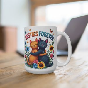 Besties Forever Anima Cat Mug – 15oz Cute Floral Friendship Coffee Cup